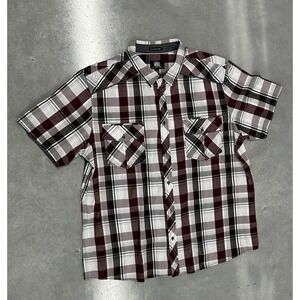 Rock & Republic Men's XXL Short Sleeve Plaid Button Up Shirt Burgundy Black